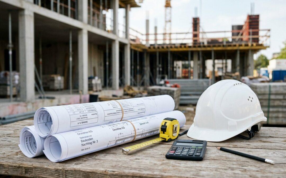 Bauplan, Maßband und Taschenrechner auf einer Baustelle als Symbol für Nachträge am Bau und Mehrvergütung.